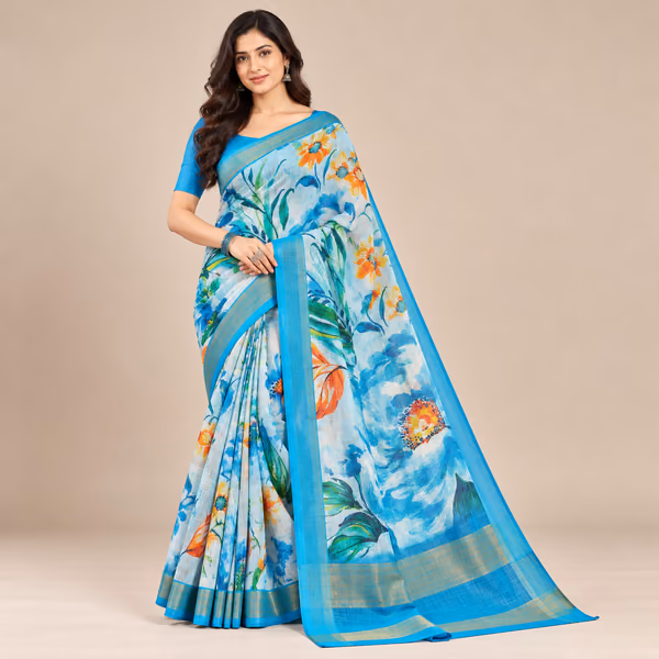 Linen Digital Print Saree with Gold Zari Woven Border & Matching Blouse Piece