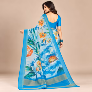 Linen Digital Print Saree with Gold Zari Woven Border & Matching Blouse Piece 2