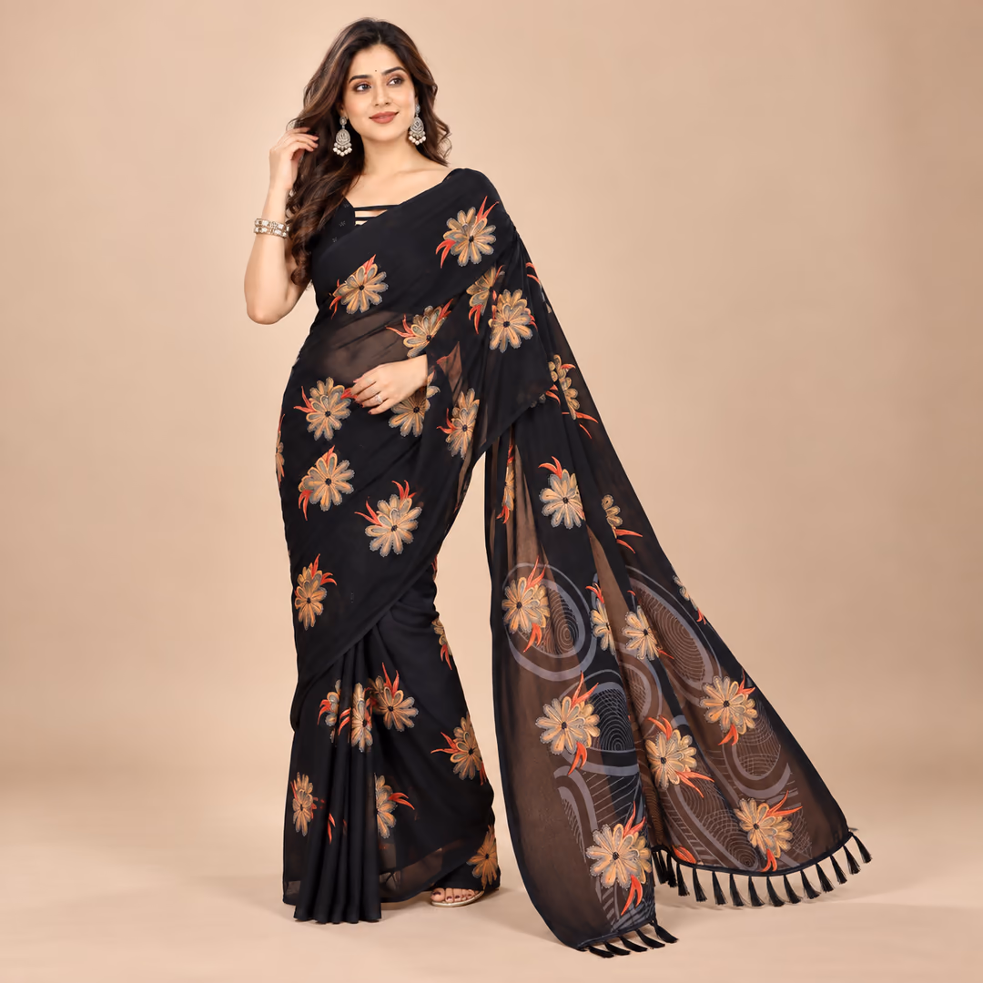Elegant Moss Silk Printed Saree with Zari Work, Pallu Tassels & Matching Blouse Piece
