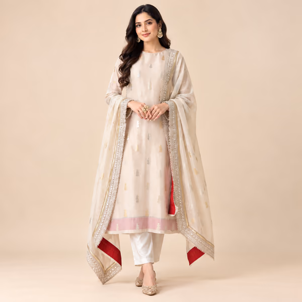 Premium Pure Banarasi Soft Silk 3-Piece Kurti Pant Set with Handwork & Dupatta