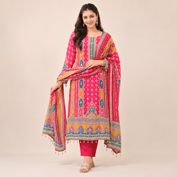 Pure Chinon Palazzo Suit Set with Cotton Lining & Flowing Chiffon Dupatta