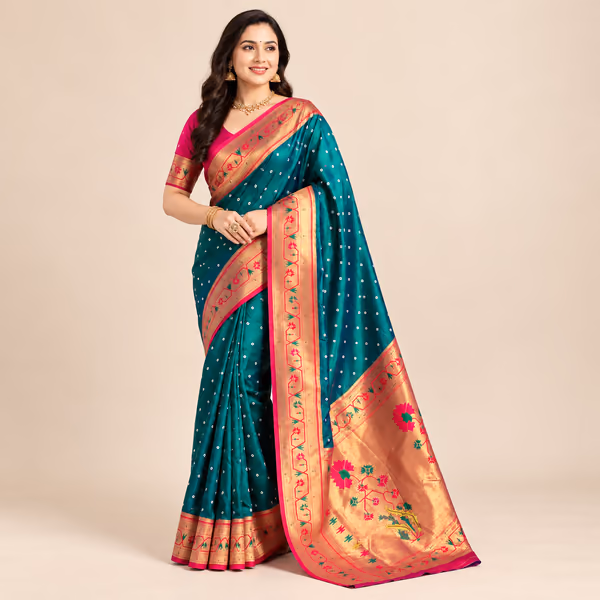 Bandhani Paithani Soft Silk Saree with Meenakari Zari Woven Pallu & Contrast Border