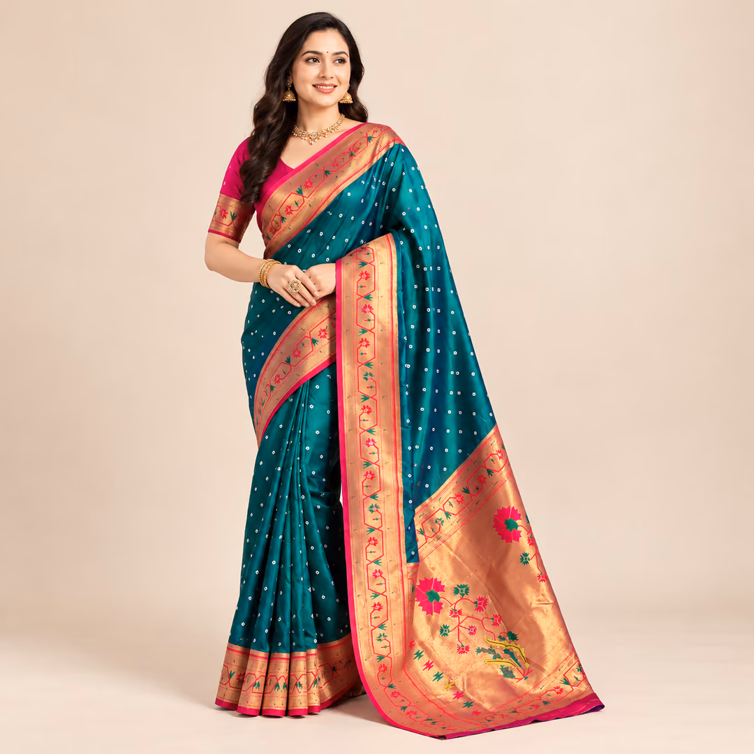 Bandhani Paithani Soft Silk Saree with Meenakari Zari Woven Pallu & Contrast Border