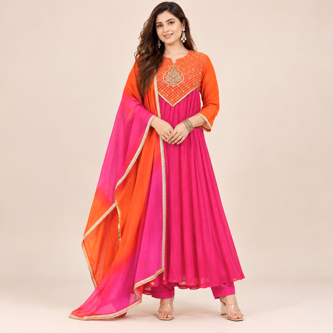 Pink & Orange 3-Piece Anarkali Suit Set with Golden Handwork Yoke