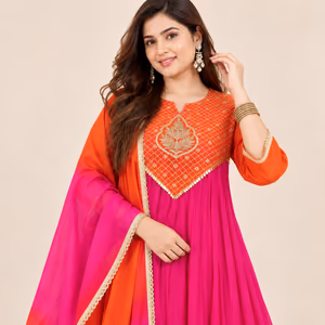 Pink & Orange 3-Piece Anarkali Suit Set with Golden Handwork Yoke 2