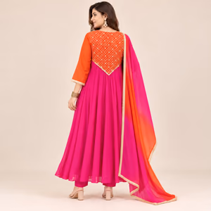 Pink & Orange 3-Piece Anarkali Suit Set with Golden Handwork Yoke 3