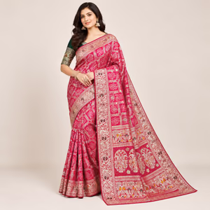 Dola Silk Bandhej Saree with Meenakari Zari Weaving, Moti-Cutdana Handwork & Gota Butti Details 1