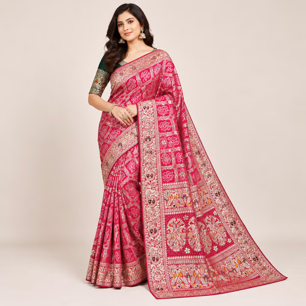 Dola Silk Bandhej Saree with Meenakari Zari Weaving, Moti-Cutdana Handwork & Gota Butti Details