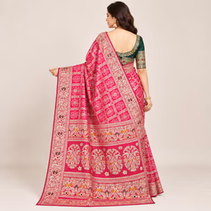 Dola Silk Bandhej Saree with Meenakari Zari Weaving, Moti-Cutdana Handwork & Gota Butti Details 2