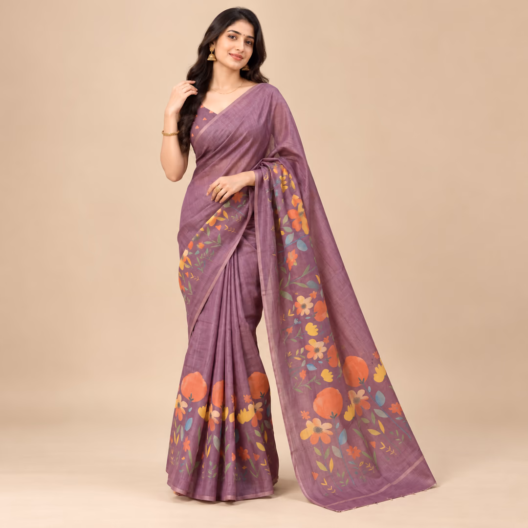 Dusty Mauve Soft Eroad Saree with Digital Floral Print, Mirror Work & Zalar Tassels