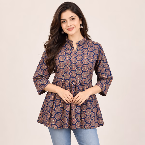 Premium Cotton Ajrakh Printed Short Kurti