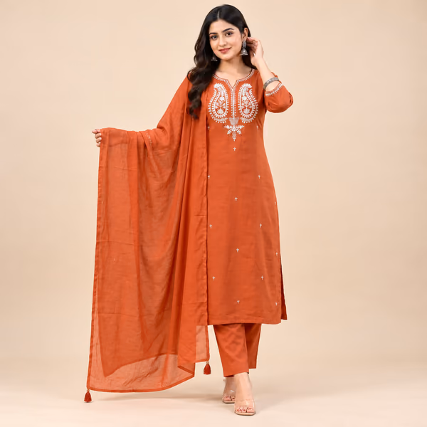 Premium Chanderi Silk Embroidered Kurti Pant Set with Chanderi Cotton Dupatta