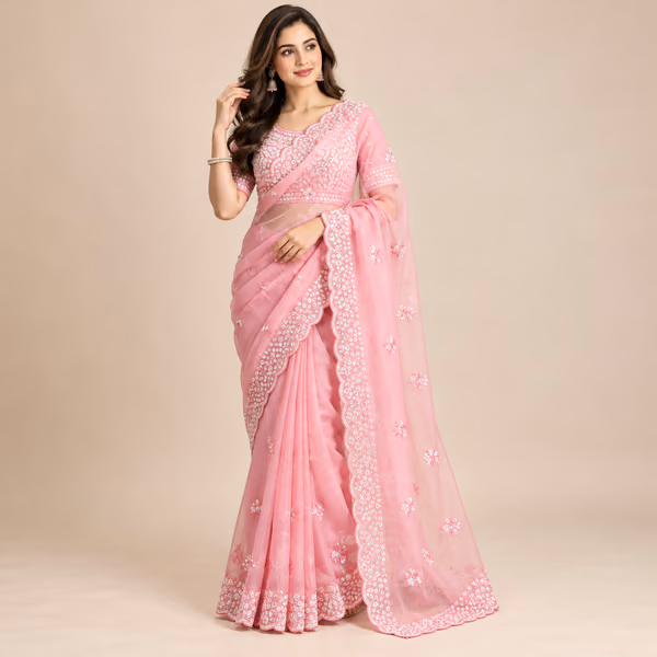 Premium Tabby Organza Saree with Handcrafted Sequin Butta Work & Matching Silk Blouse Piece