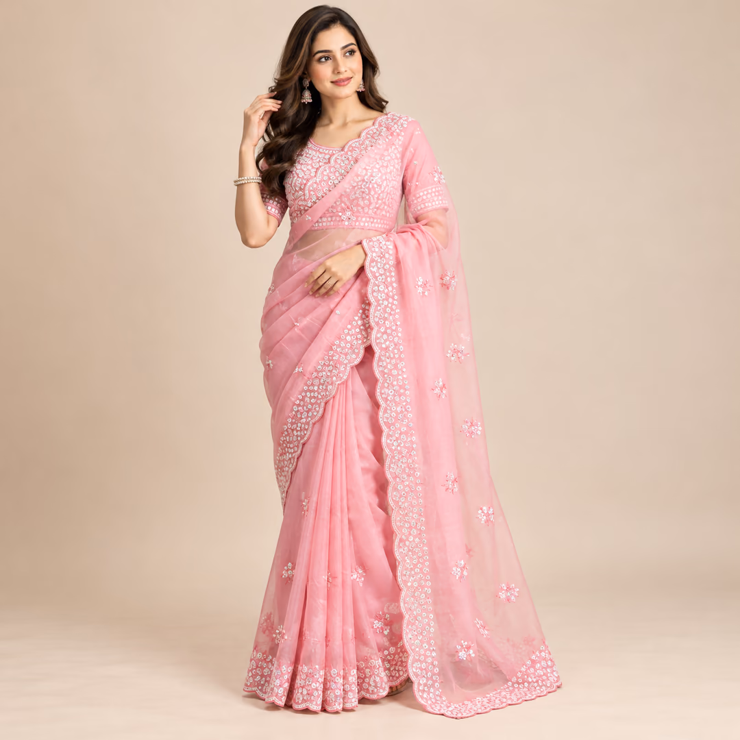 Premium Tabby Organza Saree with Handcrafted Sequin Butta Work & Matching Silk Blouse Piece