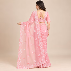 Premium Tabby Organza Saree with Handcrafted Sequin Butta Work & Matching Silk Blouse Piece 2