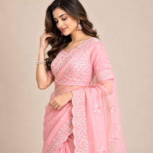 Premium Tabby Organza Saree with Handcrafted Sequin Butta Work & Matching Silk Blouse Piece 3