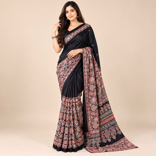 Ajrakh Bandhej Pure Gajji Silk Saree with Matching Blouse Piece