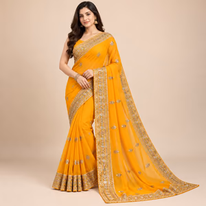Elegant Georgette Embroidered Saree with All-Over Butta Work, Lace Border 1