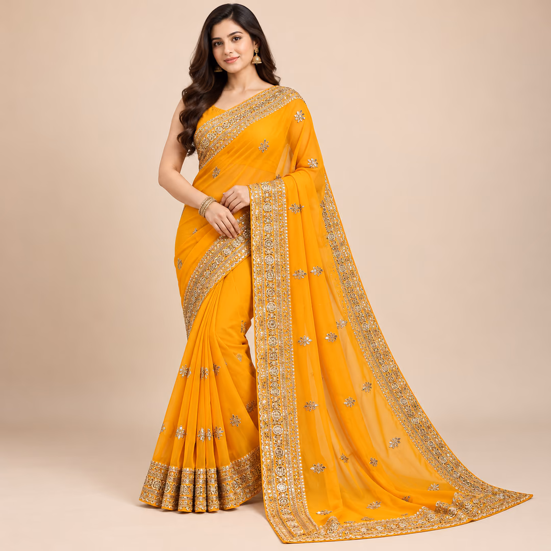 Elegant Georgette Embroidered Saree with All-Over Butta Work, Lace Border