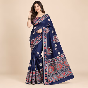 Premium Georgette Ajrakh Saree with Full Mirror Work & Matching Blouse Piece 1