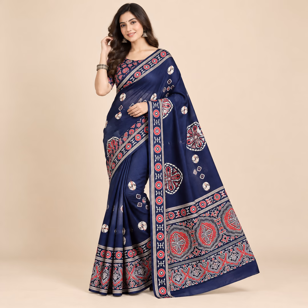 Premium Georgette Ajrakh Saree with Full Mirror Work & Matching Blouse Piece