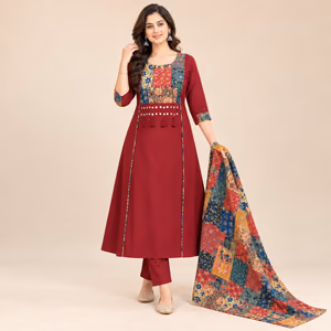 Premium Cotton Kalamkari Patchwork Suit Set with Mirror Work Yoke & Contrast Printed Dupatta 1