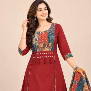 Premium Cotton Kalamkari Patchwork Suit Set with Mirror Work Yoke & Contrast Printed Dupatta 2