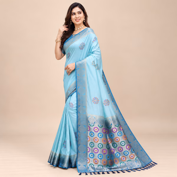 Elegant Dola Silk Saree with All-Over Butta Designs, Contrast Rich Woven Pallu & Designer Border