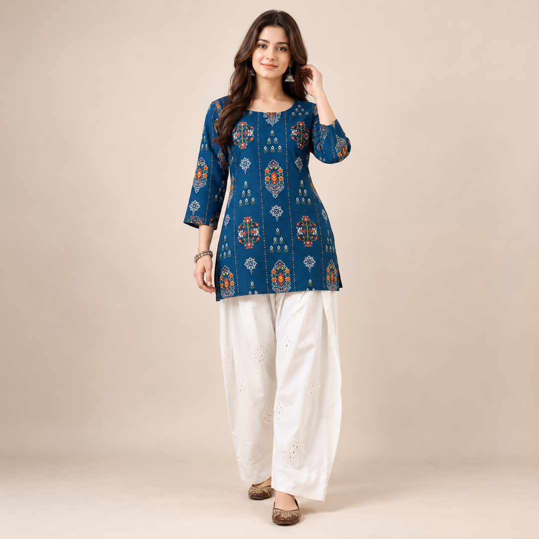 Maslin Cotton Printed Kurti with Heavy Thread-Embroidered Rayon Farshi Palazzo Set