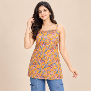 Cambric Cotton Sleeveless Tunic Top with Traditional Prints 1