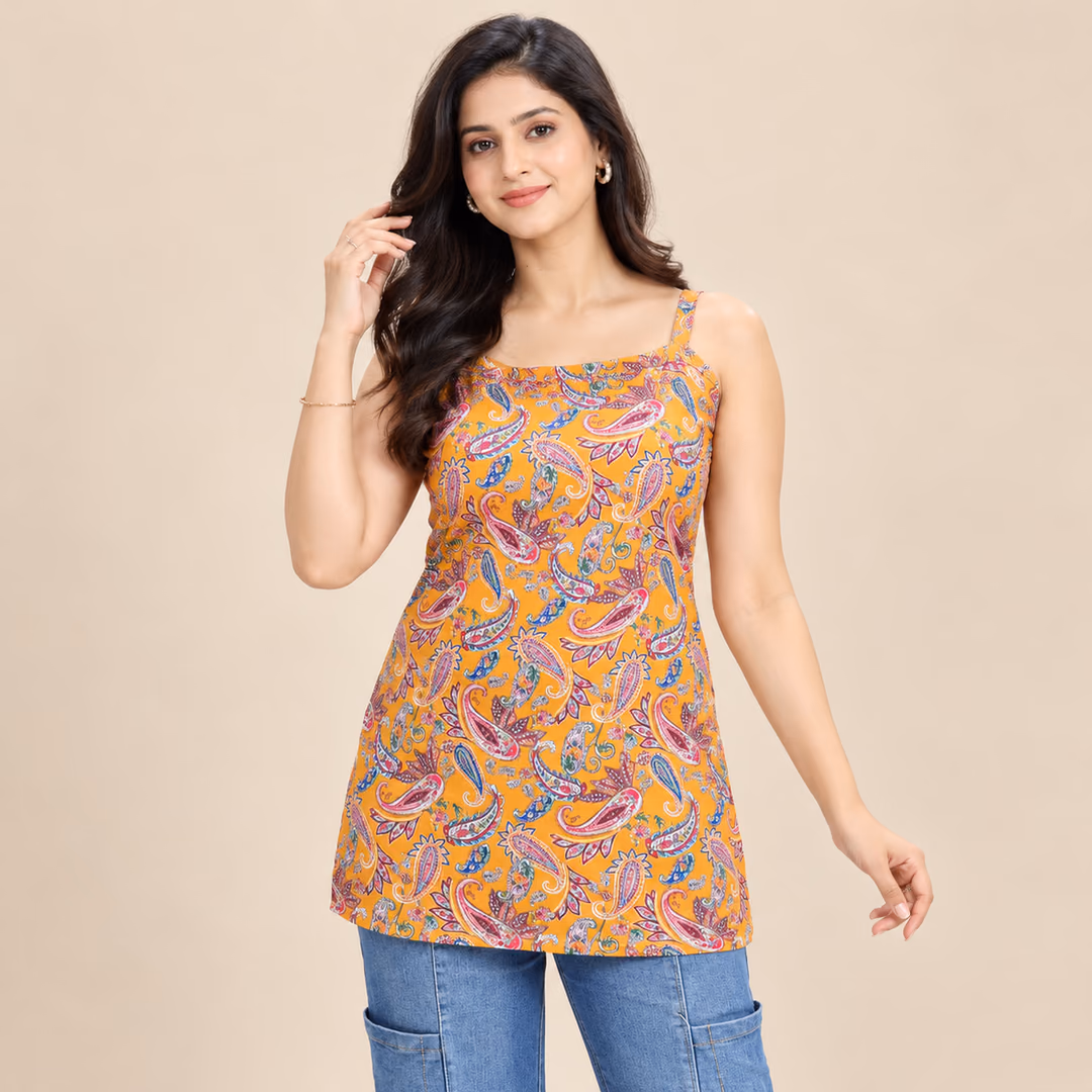 Cambric Cotton Sleeveless Tunic Top with Traditional Prints