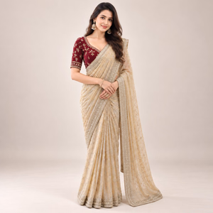 Space Silk Saree with Multithread Sequin Embroidery & Contrast Designer Blouse Piece 1