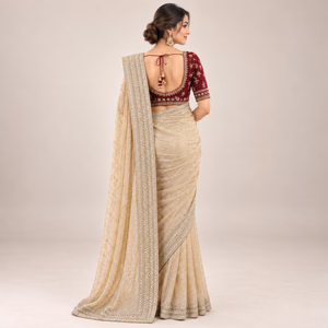 Space Silk Saree with Multithread Sequin Embroidery & Contrast Designer Blouse Piece 2