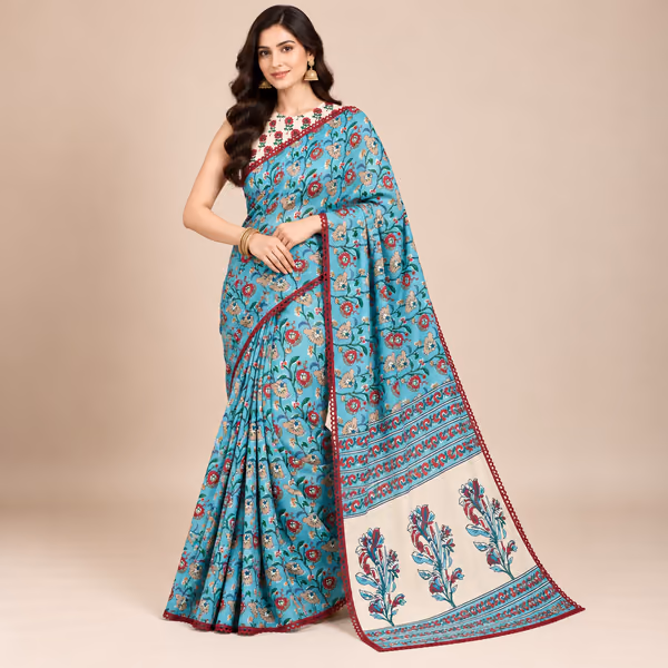 Soft Georgette Floral Print Saree with Aari Mirror Work, Washable Lace Border & Printed Blouse Piece