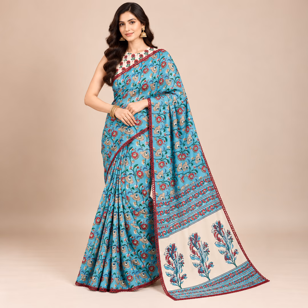 Soft Georgette Floral Print Saree with Aari Mirror Work, Washable Lace Border & Printed Blouse Piece