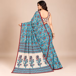 Soft Georgette Floral Print Saree with Aari Mirror Work, Washable Lace Border & Printed Blouse Piece 2