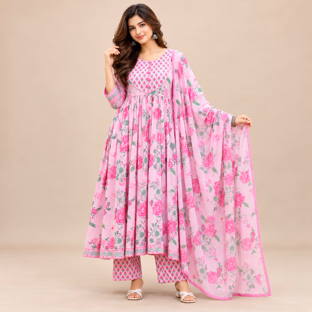 Pure Cotton Floral Printed Anarkali Kurta Pant Set with Matching Dupatta