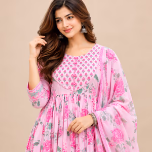 Pure Cotton Floral Printed Anarkali Kurta Pant Set with Matching Dupatta 2